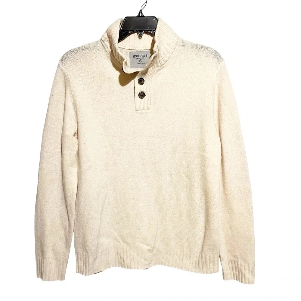Express 100% Lambs Wool Sweater Cream  Mens M Henley Mock Neck